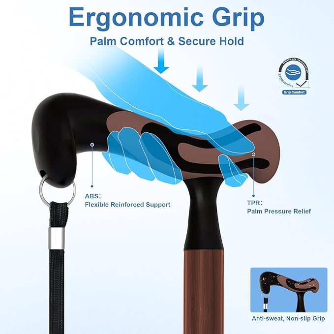 KingPavonini Walking Cane for Men Women Stability, Free Standing Foldable Cane, Ergonomic Handle Pivoting Quad Base, Heavy Duty 350 LBs, Adjustable Walking Canes for Seniors Balance with Travel Bag