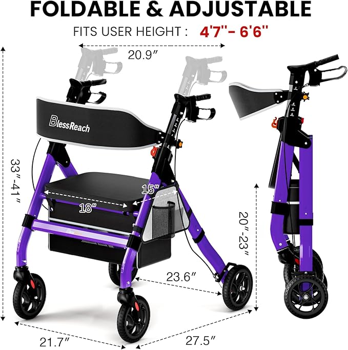 Foldable Rollator Walkers with Seat for Seniors, 450 lb Capacity, 8'' Wheels, 18" Big Seat, 6-Position Adjustable Height, Heavy-Duty Aluminum Rolling Walker (Purple)