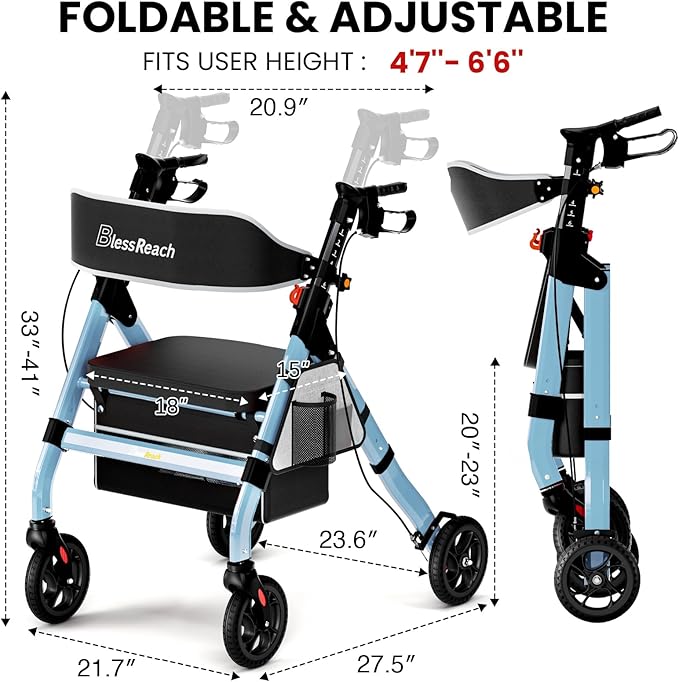 Foldable Rollator Walkers with Seat for Seniors, 450 lb Capacity, 8'' Wheels, 18" Big Seat, 6-Position Adjustable Height, Heavy-Duty Aluminum Rolling Walker (Blue)