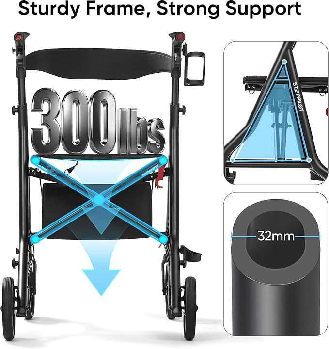 Titan Foldable Rollator Walkers with Seat, 7-Level Adjustable Handles Height, Reliable Parking & Braking System, Easy to Assemble and Use with Cane Holder & Storage Bag, 8" Big Wheels