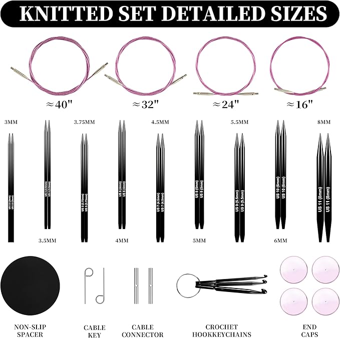 Froggod 4.53-inch (11.5cm) Interchangeable Circular Knitting Needles Set Aluminum US Sizes 2.5, 4, 5, 6, 7, 8, 9, 10, 11 with Interchangeable Knitting Needles and Cables, Accessories and Case, 9 Pairs