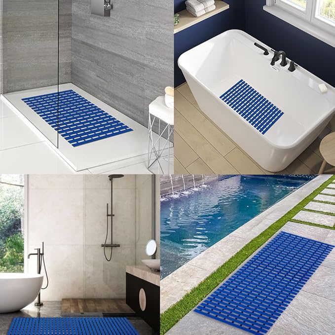 Bath Mat Non Slip Shower Mat Bathtub with Drain Holes and Heavy Duty Rubber No Suction Cups Sturdy Shower Stall Tub Mat for Bathroom, Shower Floor, Pool, SPA, (Blue, 17"x26")