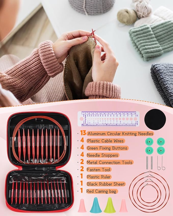 Interchangeable Knitting Needle Set with Circular Cable for Crafters, 13 Circular Knitting Needles with 4 Cable, 3-10 mm Aluminum Knitting Needles for Beginner, DIY Crafts, Red Needle Set