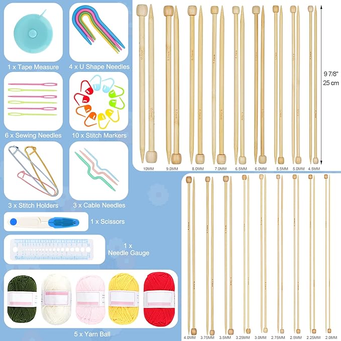 Coopay Knitting Kit for Beginners 71pcs | 2mm-10mm Single Pointed Knitting Needles Set | Bamboo Knitting Set with Yarn | Straight Knitting Needles with Storage Case, Knitting Accessories