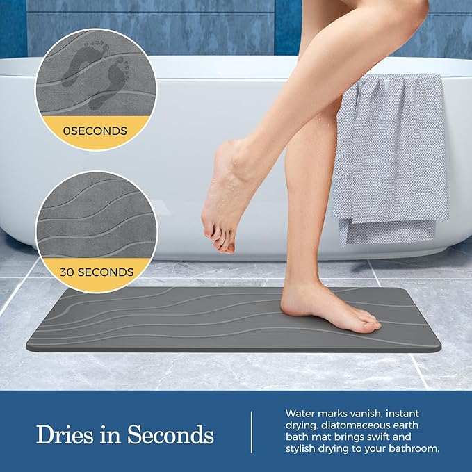 Stone Bath Mat Diatomaceous Earth Non-Slip Shower Mat,Quick Drying Diatomite Bath Stone Mat for Bathroom Floor -Super Absorbent,Natural, Easy to Clean(24×16" Grey)