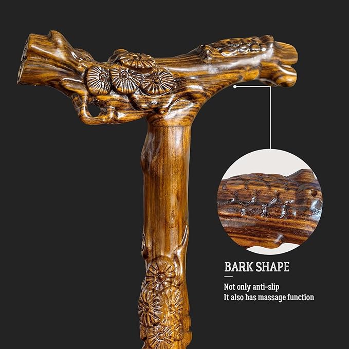 Wooden Walking Cane, Hand-Carved Wood Walking Cane for Men and Women, with Massage Function Support up to 500lbs, High-end Canes for Seniors Suitable for Gift Giving