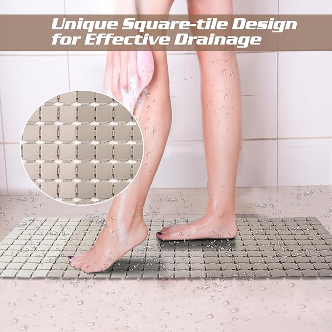 Extra Long Shower Stall Mat Non Slip Bathtub Bath Mats with Suction Cups and Drain Holes- 34 X 15.4 Inch (Gradient Beige)