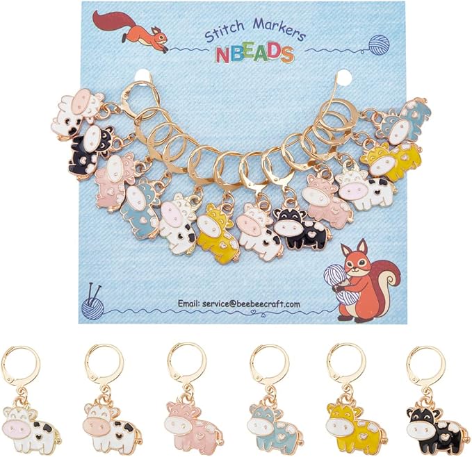 NBEADS 12 Pcs Cow Stitch Markers, 6 Colors Alloy Enamel Cow Crochet Stitch Marker Charms Removable Locking Stitch Marker for Knitting Weaving Sewing Accessories Quilting Handmade Jewelry