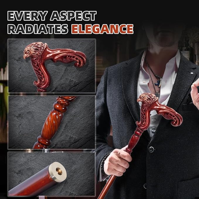 BeneCane Handmade Wooden Walking Cane for Men and Women, Detachable Eagle Handle Walking Stick, Fashionable Unisex Cane with Ergonomic and Comfort Grip Handle