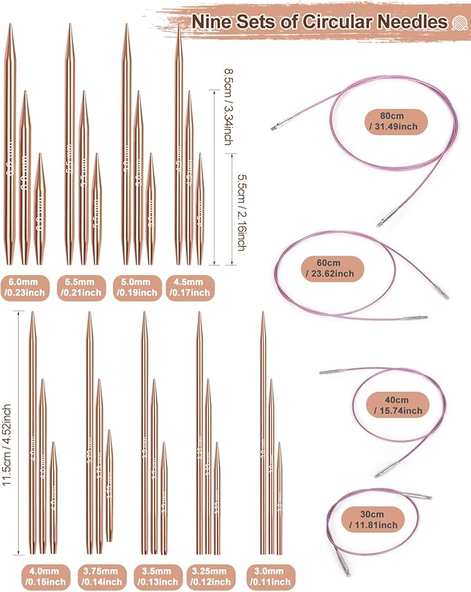 Aeelike Aluminu Interchangeable Knitting Needles Set, Circular Knitting Needles Set with 4 Cable 3 to 6 mm, Interchangeable Needle for Knitting Multiple Combinations, Gold
