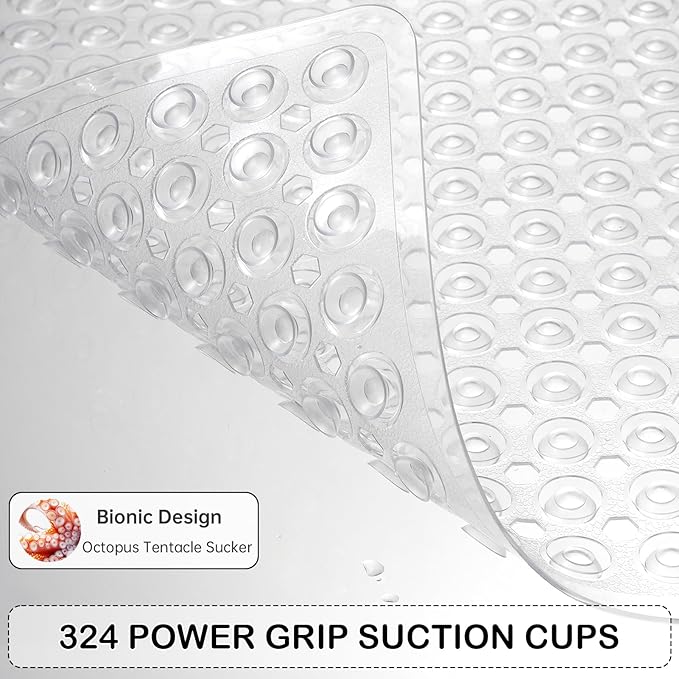 Linoows Non-Slip Bathtub and Shower Mats, Power Grip Bath Mat 35 x 16.3 Inch with Suction Cups and Drain Holes for Tub Bathroom Floor Safety, Machine Washable Soft Bathmat, Clear