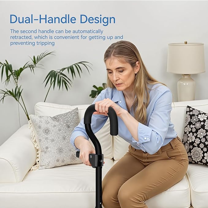 KingPavonini Canes for Women/Men with Second Handle, Foldable & Adjustable Walking Cane with 4-Pronged Base, Quad Cane for Stability, Standing, Balance, Leg Surgery Recovery