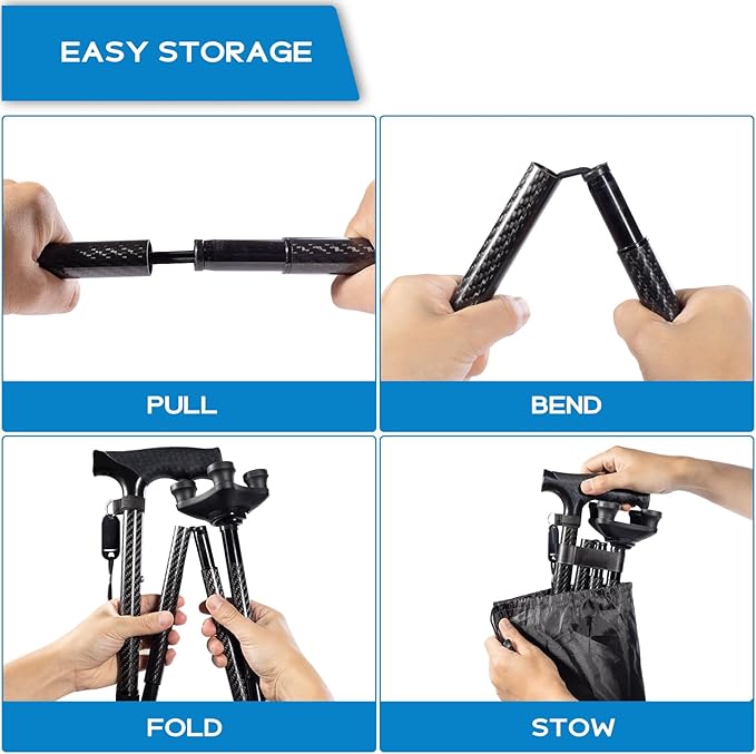 Folding Walking Quad Cane for Men and Women,Ultra Lightweight Sturdy Height Adjustable Nonslip Rubber Tips Free Standing Cane,Collapsible Walking Sticks for Seniors & Adults [Black]