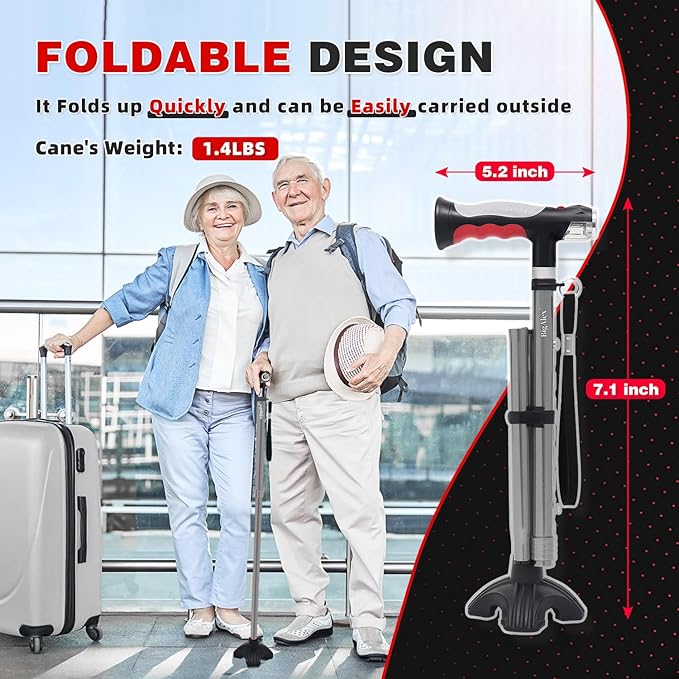 BigAlex Folding Walking Cane with Two Led Lights for Elderly Solid Base Adjustable Walking Stick with Carrying Bag for Men Women