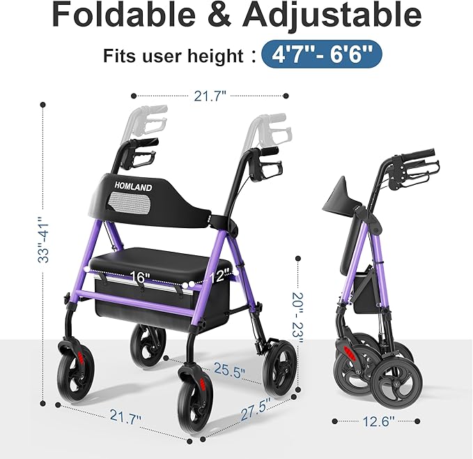 HOMLAND Foldable Rollator Walkers with Seat for Seniors, 8'' Big Wheels, 350 lb. Weight Capacity, Adjustable Handles and Seat Height, Lightweight Rolling Walker, Purple