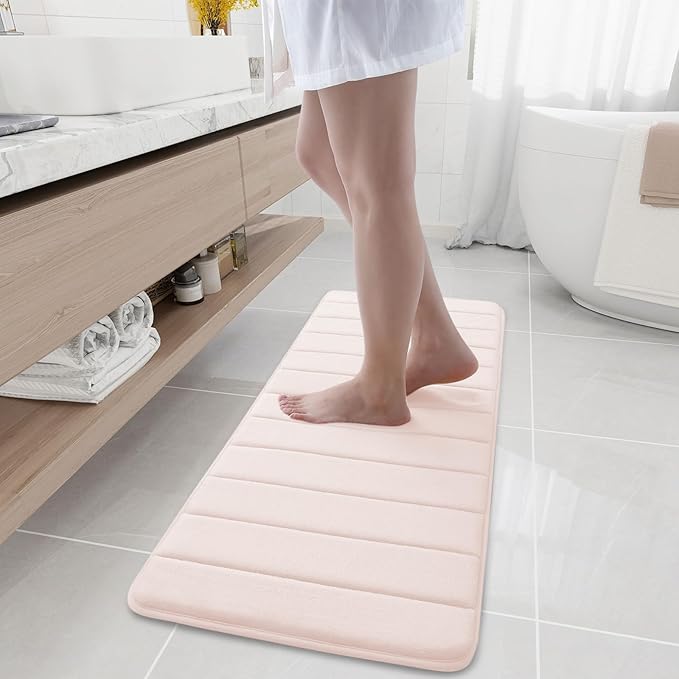 Buganda Memory Foam Bath Mat, 47" x 17", Ultra Soft and Non-Slip Bathroom Rugs, Water Absorbent and Machine Washable Bath Rug Runner for Bathroom, Shower, and Tub, Pink