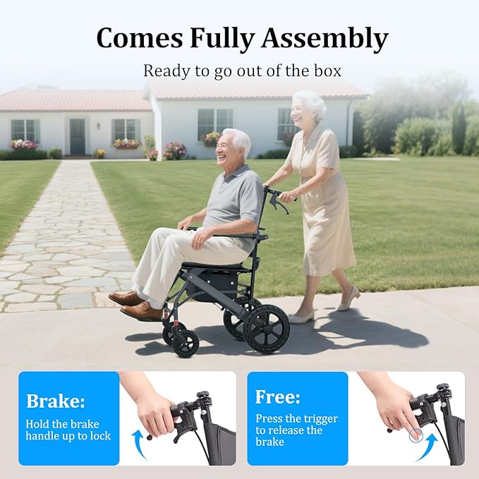 Nihhcune Wheelchair Walker for Seniors, Ultra Foldable Lightweight Rollator Walker with One-Hand Fold No Installation Portable Mobility Walking Aid with Handbrake Seat Belt Storage Bag, 300lb Capacity