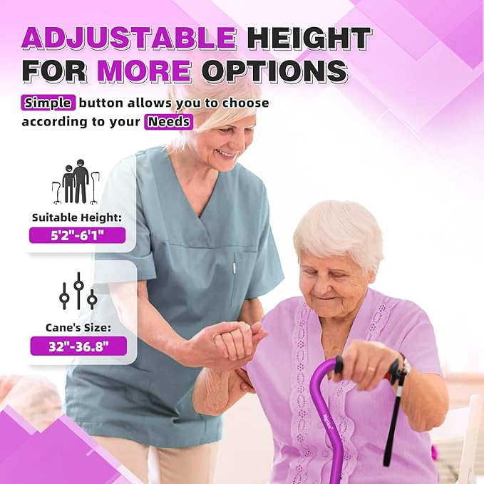 BigAlex Quad Cane, Foldable Adjustable Walking Cane for Men & Women with Stable 4-Pronged Base for Extra Stability & Balance, Heavy Duty, Lightweight, Soft Offset Handle Stick for Seniors & Elderly