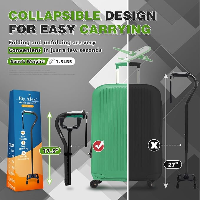 BigAlex Quad Cane, Foldable Adjustable Walking Cane for Men & Women with Stable 4-Pronged Base for Extra Stability & Balance, Heavy Duty, Lightweight, Soft Offset Handle Stick for Seniors & Elderly