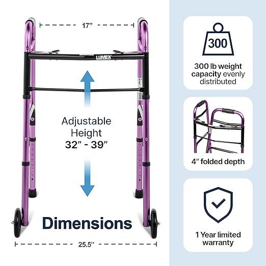 Lumex ColorSelect Walkers for Seniors, Rolling & Folding Adult Walker with Wheels, Plum