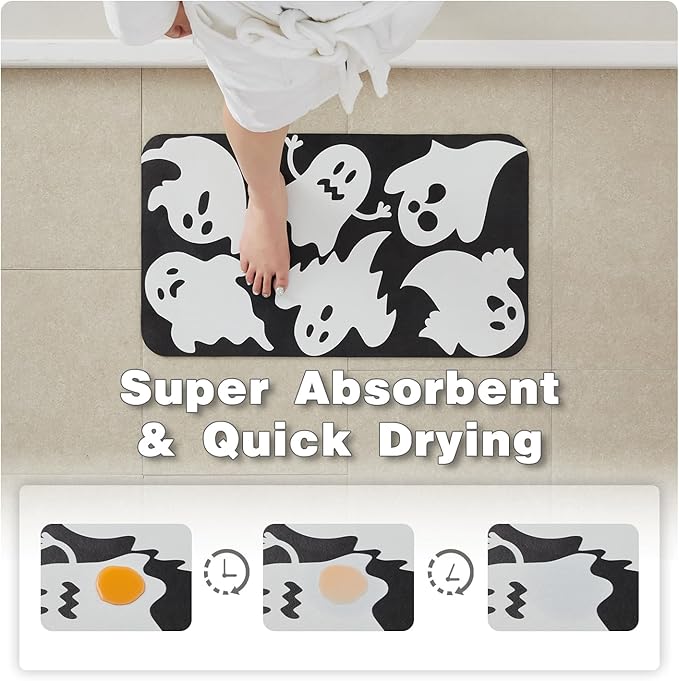 Halloween Bath Mat, Thin Halloween Bathroom Rug Non Slip Quick Dry Ghost Bath Mat Fits Under Door Thin Floor Mat Halloween Decor, 24''x36'', Ghosts Black