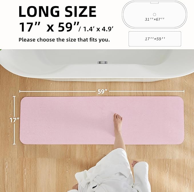 Pink Bath Mat, Bathroom Rugs Non Slip Washable Thin Absorbent Quick Dry Bath Mat Fits Under Door Bathroom Floor Mat Perfect for Bath, Shower, or Sink 17"x59" Pink