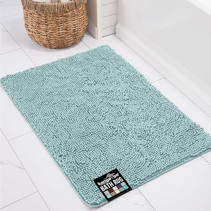 KANGAROO Bathroom Rugs, Chenille Soft Absorbent Bath Rug, Shaggy Shower Mat, Quick Dry Machine Wash Bathmat, Plush Carpet Mats for Tub, Bathtub and Room Home Decor Accessories, 60x24, Seafoam