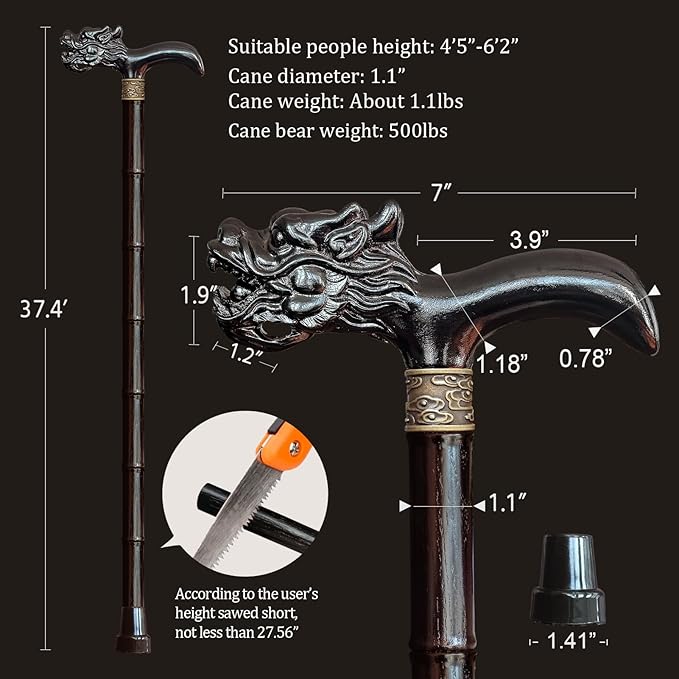 Wooden Cane, Hand Carved High-end Walking Cane for Men and Women, Lightweight Design Support Up to 500lbs Dragon Canes for Seniors, Suitable for Discerning Personal and Gift Use