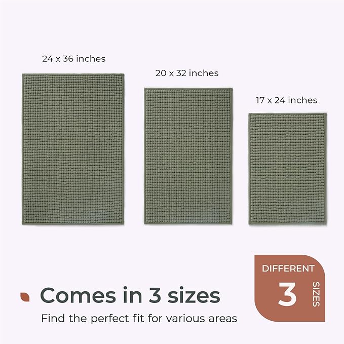 FRESHMINT Thick Chunky Chenille Bathroom Rugs 24"x36", Non Slip Bath Mat, Large Soft Bathroom Decor, Cute Shower Mat Water Absorbent, Washable, Sage Green