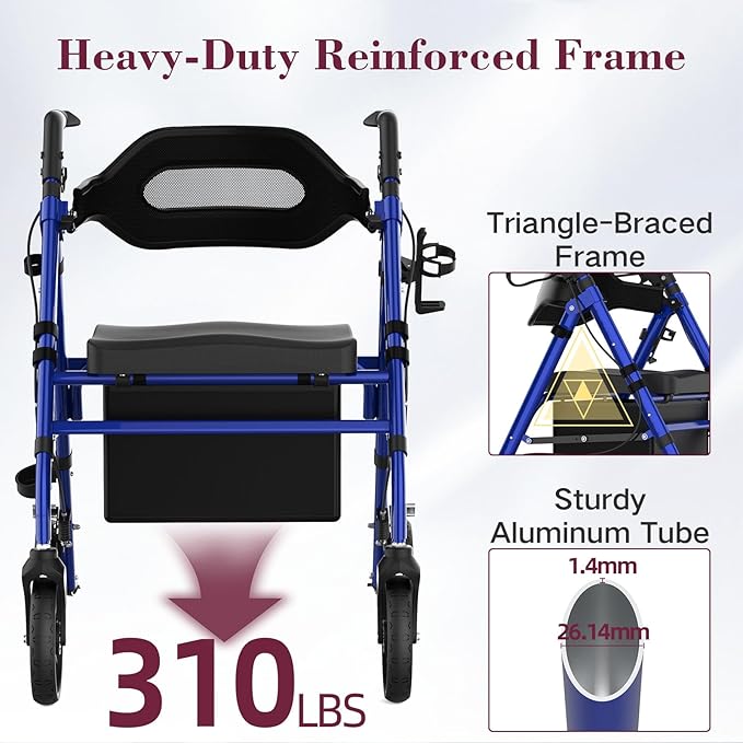 Walkers for Seniors, Foldable Rollator Walker with Seat, 8" Big Wheels, Lightweight Rollator Walker with Ergonomic Backrest, Adjustable Handles and Seat Height, 310 Lbs Weight Capacity, Blue