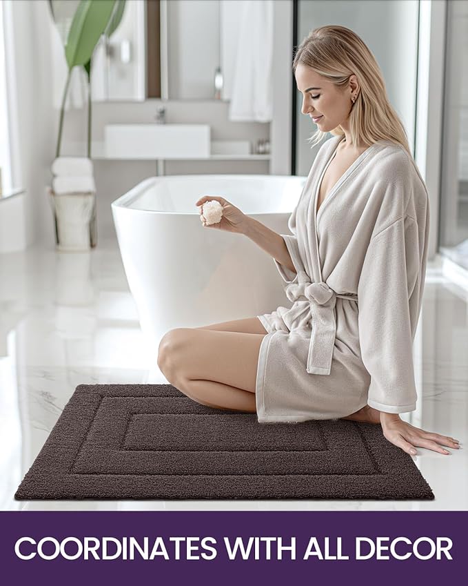 DEXI Bathroom Rug 24x16, Non Slip Washable Bath Mat for Shower Floor, Absorbent Soft Bathmat with Rubber Backing, Quick Dry Microfiber Carpet, Brown