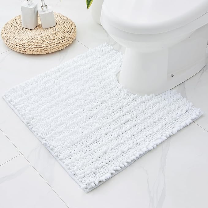White Toilet Rug 24x24 Non Slip Plush Bathroom Floor Mat U Shaped Washable Contour Rug for Toilet Absorbent Thick Foot Rug