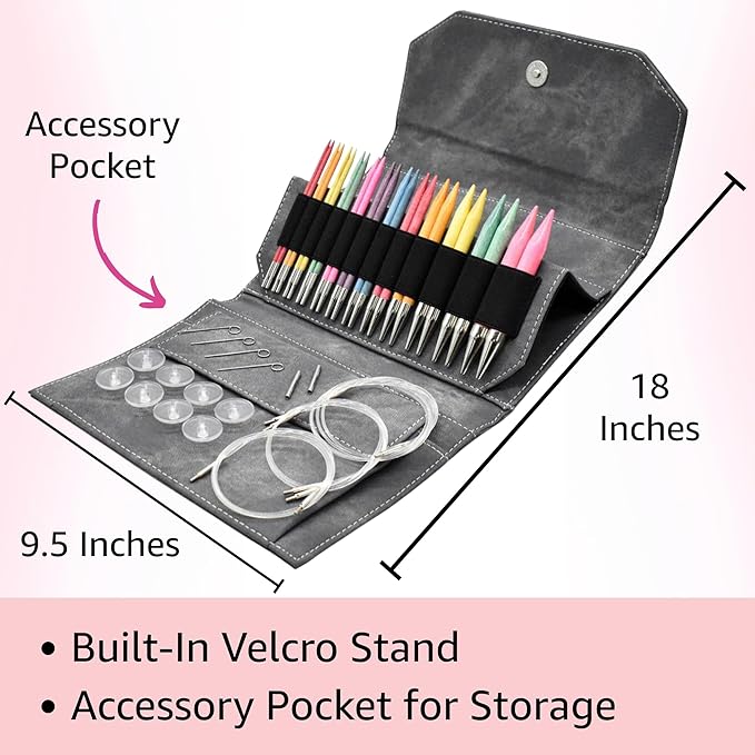 Lykke Colour 5 in. Complete Set US Sizes 4, 5, 6, 7, 8, 9, 10, 10.5, 11, 13, 15, 17 Interchangeable Circ. Knitting Needles for DK, Worsted, Chunky Yarns, Birch, 5 Cords, Grey DM Case, Project Bag