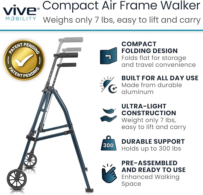 Vive Lightweight Folding Walker for Seniors - Narrow Foldable Rolling Walker for Small Spaces- Compact & Collapsible for Travel - with Wheels, Mobility Support, Portable- Weighs Only 7 Pounds