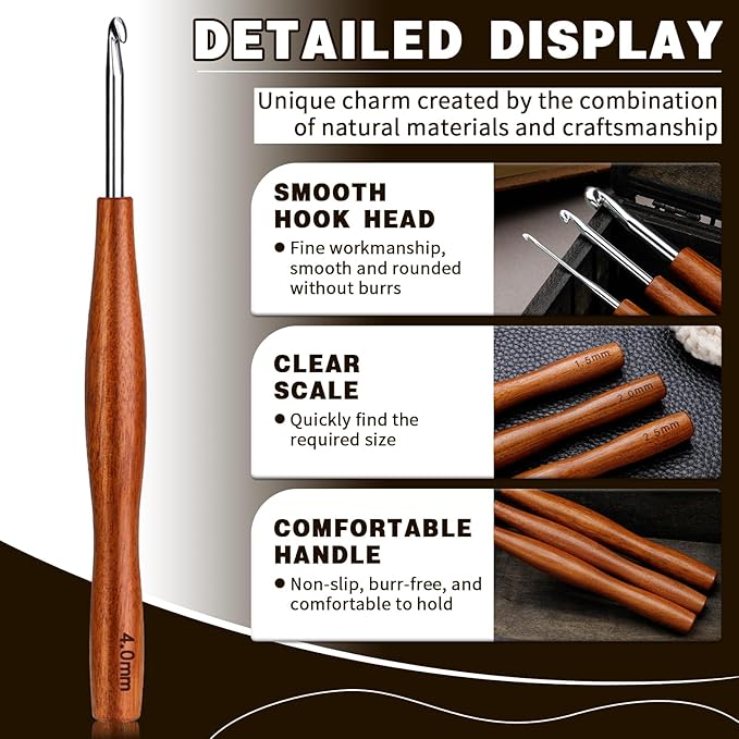Nitlak 4mm Crochet Hook, Available in 1.5mm-6.0mm, Aluminum Ergonomic Crochet Hook with Wooden Handle for Arthritic Hands, Beginners, Crochet Needles for Knitting, Christmas Gifts for Mom