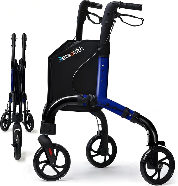 Lightweight 3 Wheel Rollator Walker for Seniors, Foldable Aluminum Mobility Aid with Storage Bag, Easy-Fold Walking Support for Elderly Balance & Rehabilitation