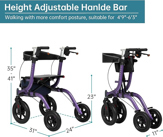 ELENKER All-Terrain Rollator Walker with Seat, Outdoor Rolling Walker, 12” Non-Pneumatic Tire Front Wheels, Compact Folding Design for Seniors, Purple