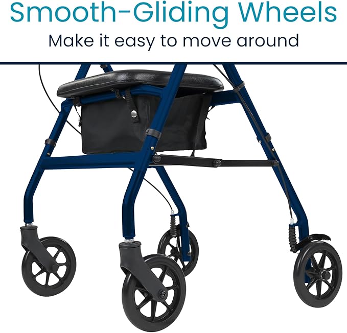 Vive Ultra Lightweight Rollator Walker with Seat - Foldable, Narrow, Rolling Senior Walker for Small Spaces - 4 Wheel Aluminum Adult Easy Drive Aid with Underseat Accessory - Weighs Only 14 Lbs