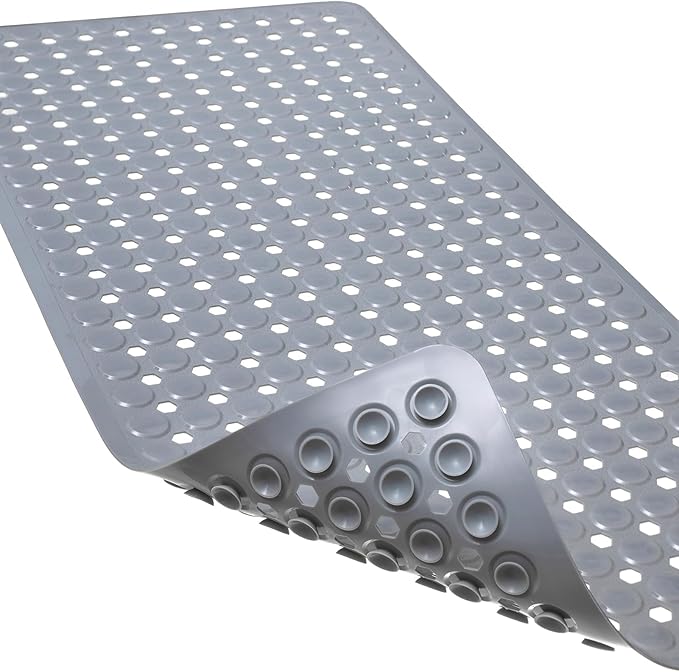 Linoows Non-Slip Bathtub and Shower Mats, Power Grip Bath Mat 35 x 16.3 Inch with Suction Cups and Drain Holes for Tub Bathroom Floor Safety, Machine Washable Soft Bathmat, Gray