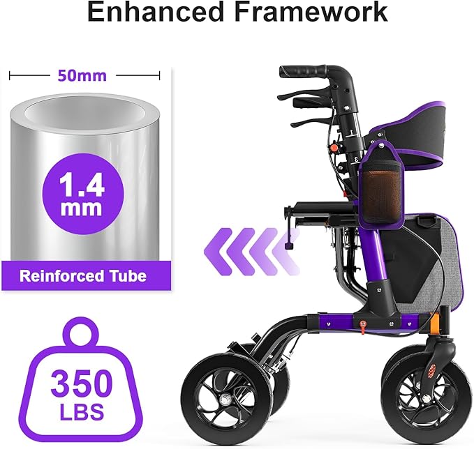 Walkers for Seniors, Rollator Walker with Seat, 350 lb Weight Capacity, 18" Big Seat, 8" All-Terrain Wheels, 6-Level Adjustable Height, Lightweight Aluminum Frame Rollator Walkers for Seniors (Purple)