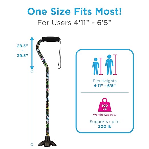 Nova Joy Designer Offset Quad Cane for Seniors - Unisex Adjustable Lightweight Walking Aid with Foam Handle, Wrist Strap and Anti-Rattle Lock - Essential Mobility Support - Butterfly