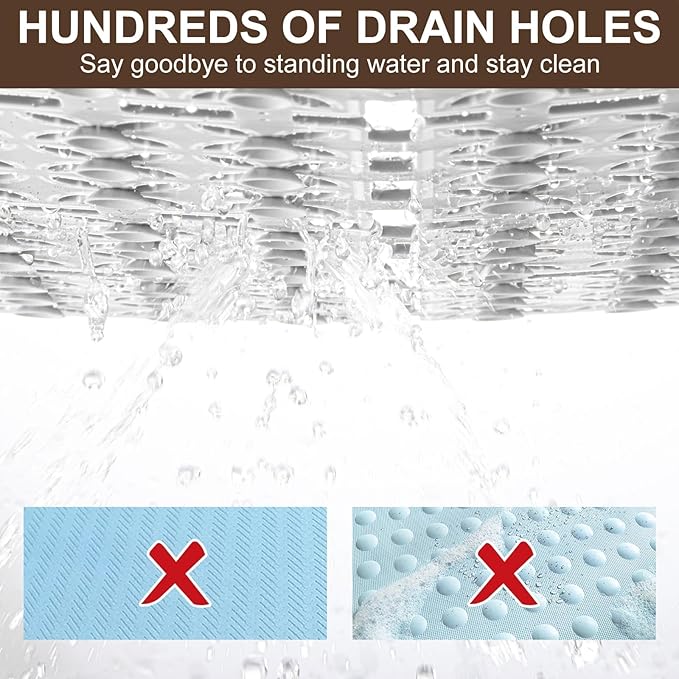 Shower Mat Non Slip，24"X24" Bathtub Mat Non Slip Square Shower Mats for Inside Shower with Drain Holes Suction Cups, Quick Drain, TPE Shower Floor Mat for Elderly & Kids (Light Gray)