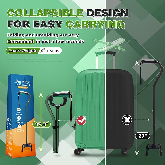 BigAlex Quad Cane, Foldable Adjustable Walking Cane for Men & Women with Stable 4-Pronged Base for Extra Stability & Balance, Heavy Duty, Lightweight, Soft Offset Handle Stick for Seniors & Elderly