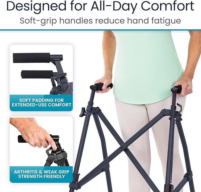 Vive Lightweight Folding Walker for Seniors - Narrow Foldable Rolling Walker for Small Spaces- Compact & Collapsible for Travel - with Wheels, Mobility Support, Portable- Weighs Only 5.5 Pounds