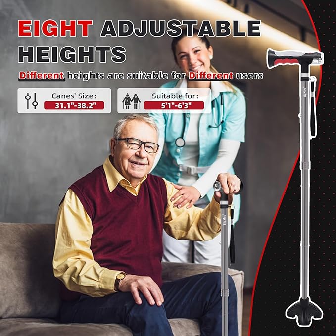 BigAlex Folding Walking Cane with Two Led Lights for Elderly Solid Base Adjustable Walking Stick with Carrying Bag for Men Women