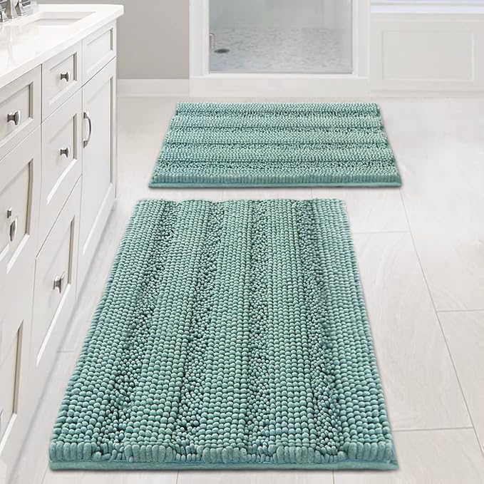 H.VERSAILTEX Bathroom Rugs Non Slip Thick Shaggy Chenille Bathroom Rug Mat Set Extra Soft and Absorbent Striped Floor Rugs, 2 Piece, Machine-Washable, Eggshell Blue