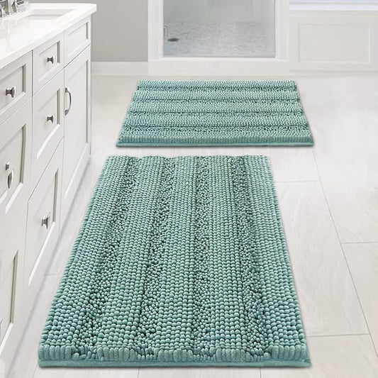 H.VERSAILTEX Bathroom Rugs Non Slip Thick Shaggy Chenille Bathroom Rug Mat Set Extra Soft and Absorbent Striped Floor Rugs, 2 Piece, Machine-Washable, Eggshell Blue