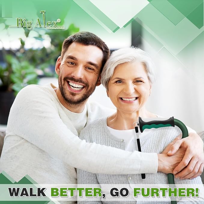 BigAlex Quad Cane, Foldable Adjustable Walking Cane for Men & Women with Stable 4-Pronged Base for Extra Stability & Balance, Heavy Duty, Lightweight, Soft Offset Handle Stick for Seniors & Elderly