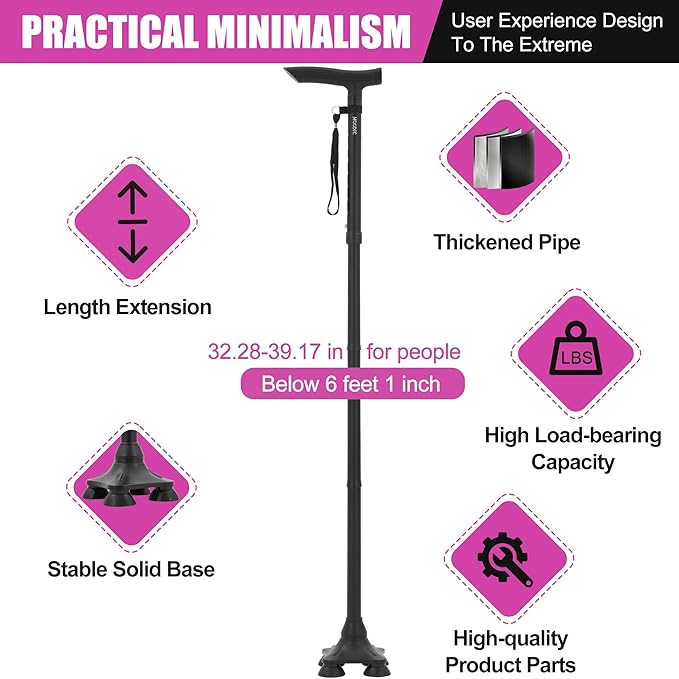 Walking Canes for Seniors Balance with Extended and Thickened Handle. Foldable; Adjustable; Collapsible; Stylish; Quad Cane for Men for Stability (Basic & Black)
