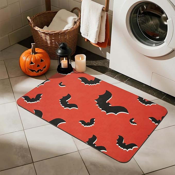 Halloween Bath Mat, Thin Halloween Bathroom Rug Non Slip Quick Dry Bat Bath Mat Fits Under Door Thin Floor Mat Halloween Decor, 17''x30'', Gothic Bats Orange